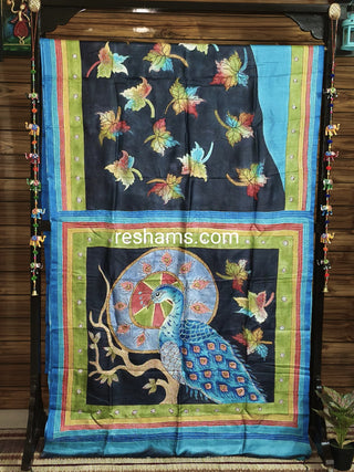 Hand Embroidered Hand Painted Kantha Stitch Blue Saree – Woven in Pure Tussar Silk