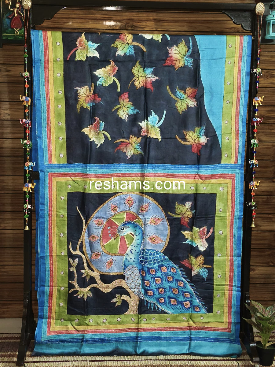 Hand Embroidered Hand Painted Kantha Stitch Blue Saree – Woven in Pure Tussar Silk