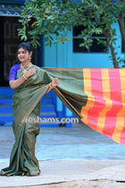 Bishnupuri Katan Silk Saree in Green - Mangalgiri Pattern Handwoven