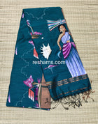 Linen Cotton Hand Paint Saree – Greenish Blue Body with Golden Zari Border