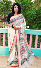 Linen Cotton Saree – Pale White Body with Floral Print & Golden Zari Woven Border