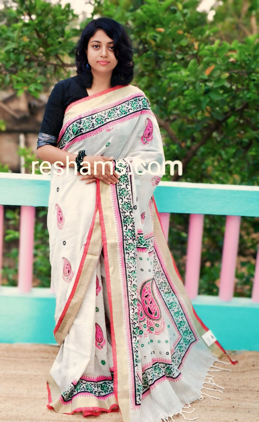 Linen Cotton Saree – Pale White Body with Floral Print & Golden Zari Woven Border