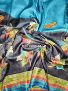 Hand Embroidered Hand Painted Kantha Stitch Blue Saree – Woven in Pure Tussar Silk