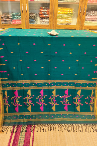 Handloom Cotton Dark Green With Jamdani Work Saree