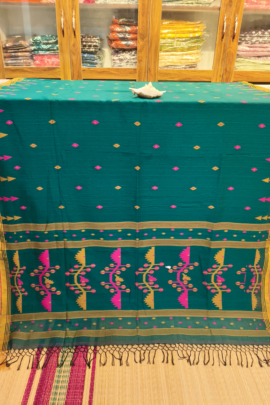 Handloom Cotton Dark Green With Jamdani Work Saree