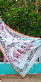 Linen Cotton Saree – Pale White Body with Floral Print & Golden Zari Woven Border