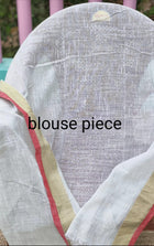 Linen Cotton Saree – Pale White Body with Floral Print & Golden Zari Woven Border