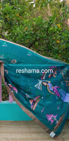 Linen Cotton Hand Paint Saree – Greenish Blue Body with Golden Zari Border
