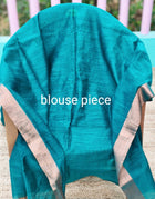 Linen Cotton Hand Paint Saree – Greenish Blue Body with Golden Zari Border