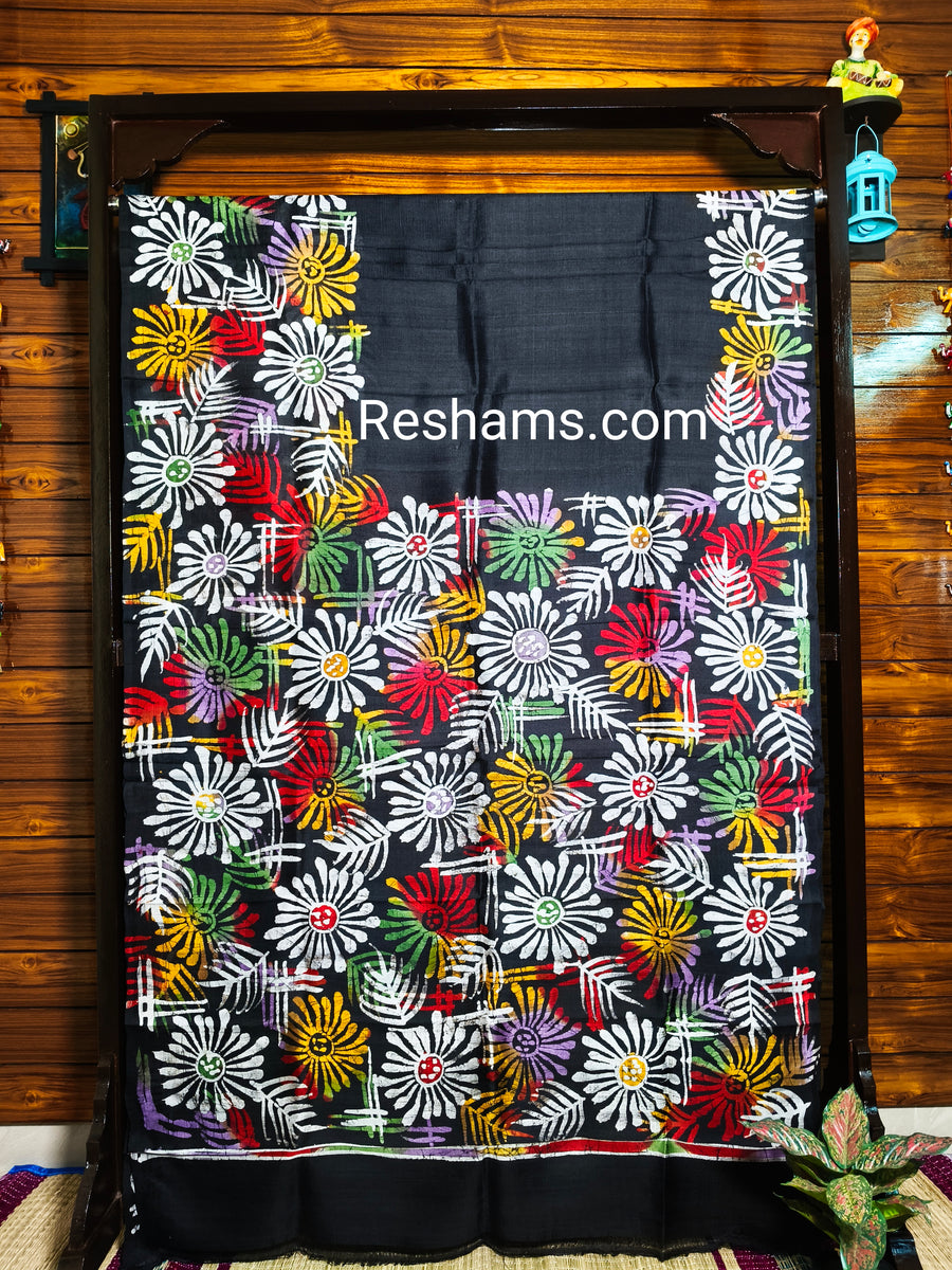 Pure Murshidabad Silk Saree – Hand Batik in Black and White Flower Pattern