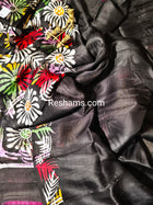 Pure Murshidabad Silk Saree – Hand Batik in Black and White Flower Pattern