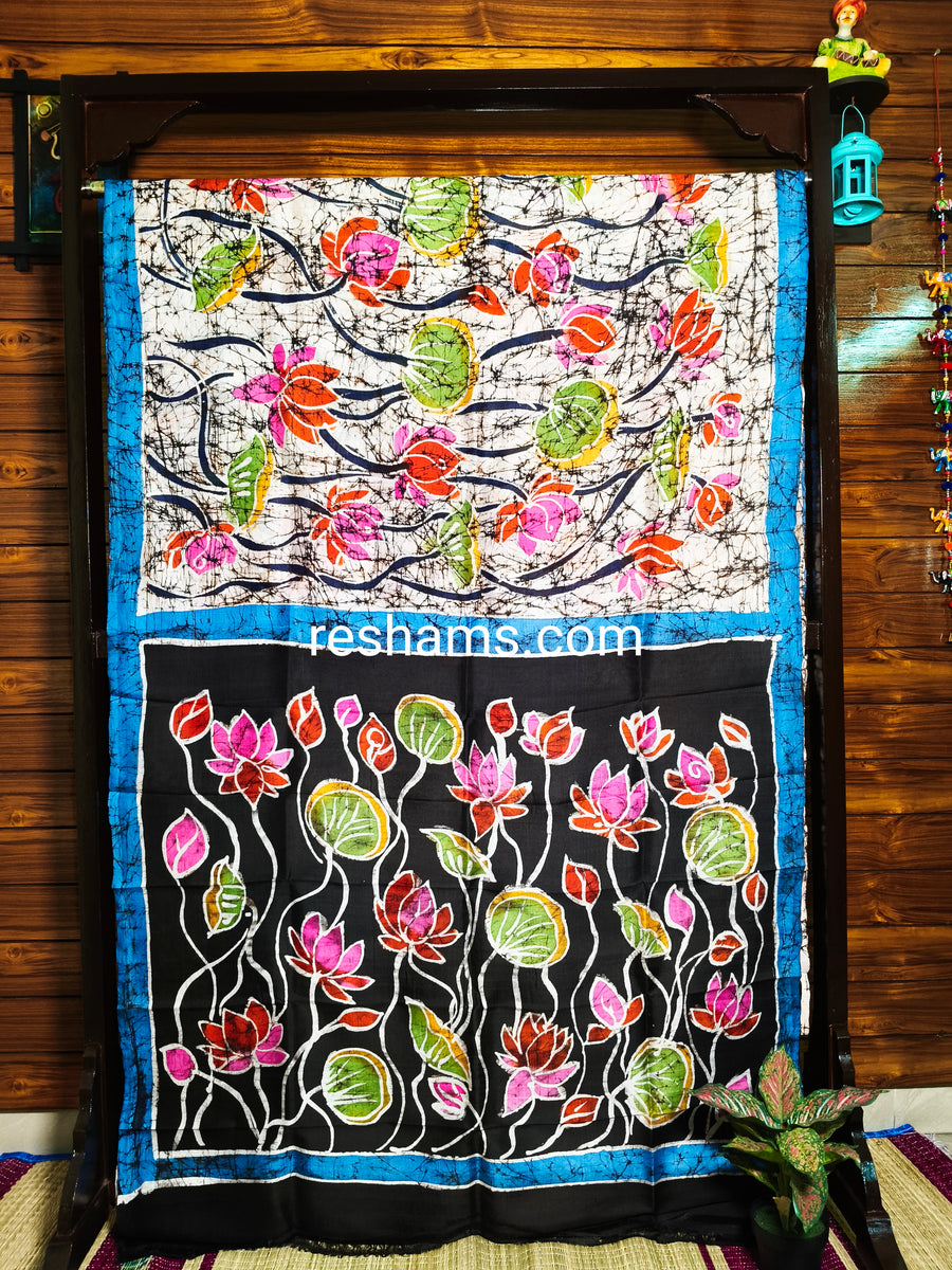 Pure Murshidabad Silk Saree – Hand Batik in Pink Green Flower Pattern