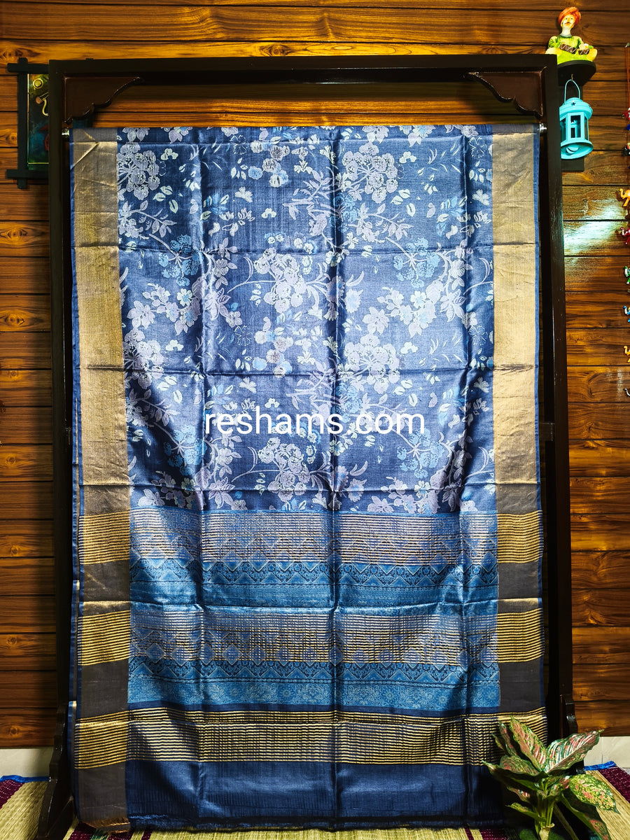 Pure Tussar Silk Saree – Printed with Blue and Golden Zari Border