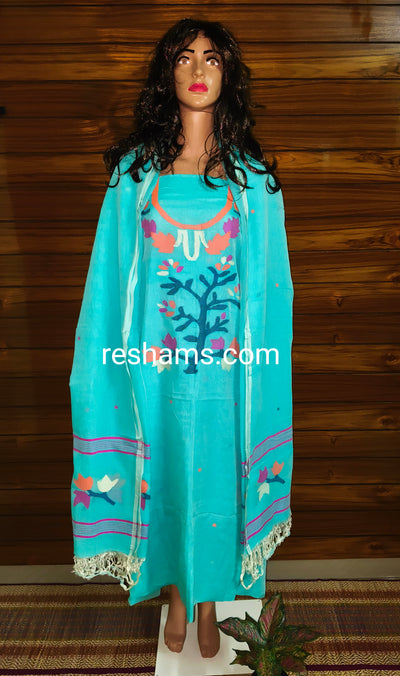 Pure Cotton Jamdani work Handwoven unstitched suit in Sea Green