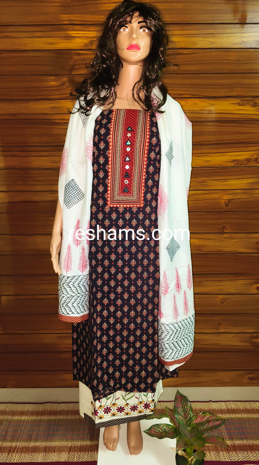 Cotton Ajrakh salwar with embroidery work in Dark Chocolate.