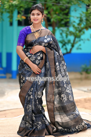 Tussar Mom Batik Silk Saree in Dark Brownish Colour - Handwoven