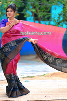 Tussar Block Print Silk Saree in Red Colour - Handwoven