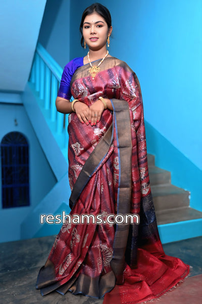 Tussar Mom Batik Silk Saree in Brick Red Colour - Handwoven