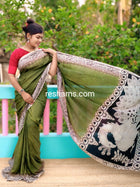 Chanderi Silk-Cotton Saree in Kalamkari Prints  – Green