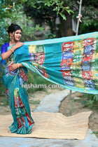 Chanderi Silk-Cotton Saree in Hand Batik Print  – Green with Zari Border