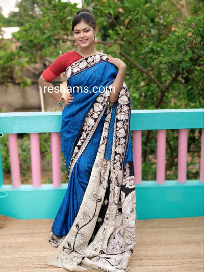 Chanderi Silk-Cotton Saree in Kalamkari Prints  – Dark Blue