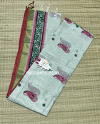 Linen Cotton Saree – Pale White Body with Floral Print & Golden Zari Woven Border