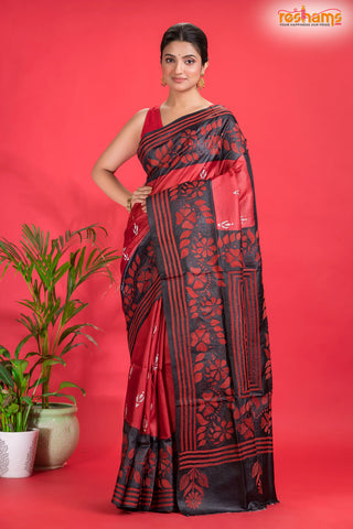 Tussar Kantha Stitch With Black Red Hand Paint Flower Motif