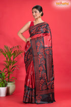 Tussar Kantha Stitch With Black Red Hand Paint Flower Motif