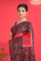 Tussar Kantha Stitch With Black Red Hand Paint Flower Motif