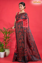 Tussar Kantha Stitch With Black Red Hand Paint Flower Motif