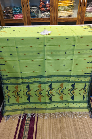 Handloom Cotton Banana Green With Jamdani Work Saree