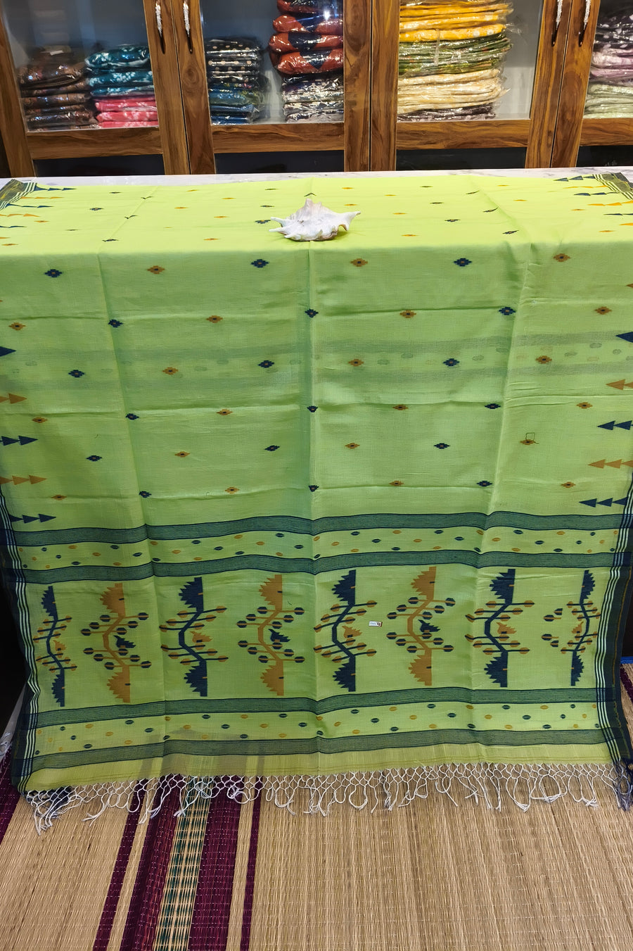 Handloom Cotton Banana Green With Jamdani Work Saree