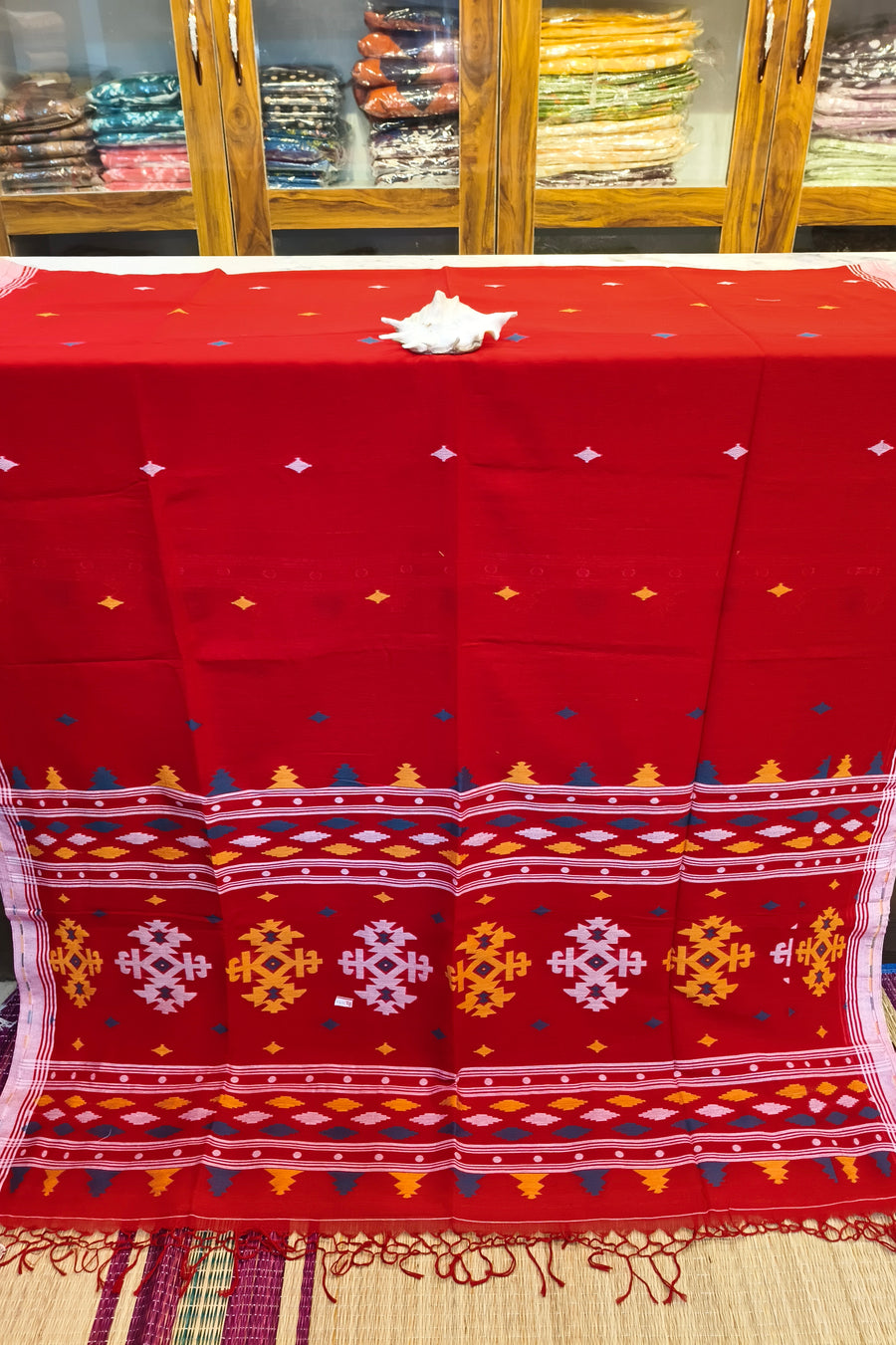 Handloom Cotton Red With Jamdani Work Saree
