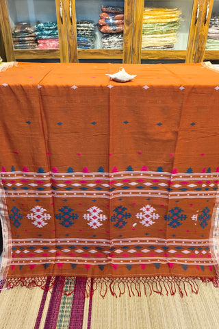 Handloom Cotton Rust Orange With Jamdani Work Saree