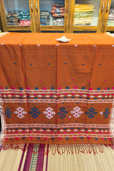Handloom Cotton Rust Orange With Jamdani Work Saree